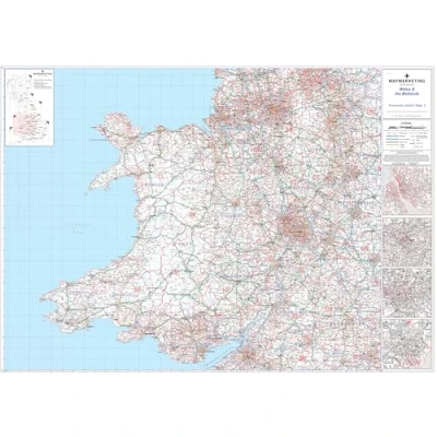 Image of Large Wales &amp; The Midlands Postcode Wall Map Covering Liverpool, Birmingham, Bristol And Cardiff City Plan Inlays, County Boundaries, Motorways, Primary &#039;A&#039;+&#039;B&#039; Roads, Towns, Cities