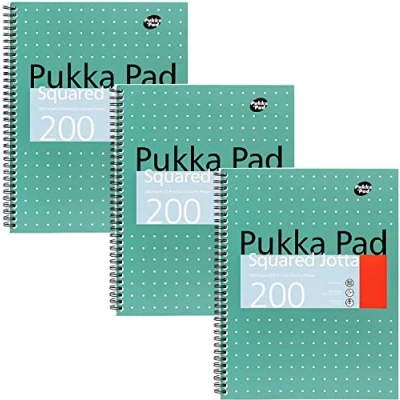 Image of Pukka Pad, A4 Squared Metallic Jotta Book 3 Pack 29.7 x 23cm Wirebound Notebook With 80GSM Paper Features 4 Hole Punch Margins And Perforated Edges 200 Pages, Green