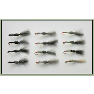 Image of 12 CDC Shuttlecocks Trout Flies Black.Hares Ear &amp;Olive, Choice (14/16)