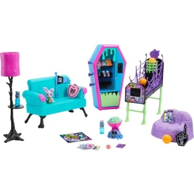 Image of Monster High Student Lounge Playset, Doll House Furniture and Themed Accessories with Two Pets Working Vending Machine