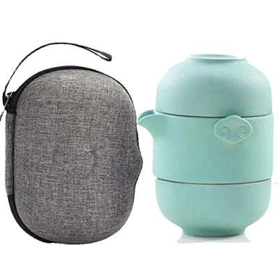 Image of TAMUME Travel Tea Set for 2 Persons Porcelain Teapot and Cups with Portable Pouch (Green)