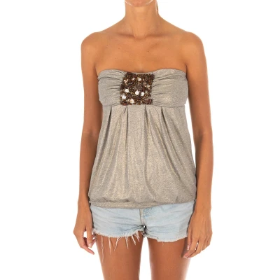 Image of Met Womenss Sleeveless T shirt with wide knit top effect 10DMT0084 Beige viscose Size Small