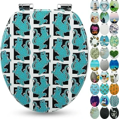 Image of SANFINO® Premium Toilet Seat with Soft Close Wooden Lid, lots of colourful and decorative designs, high seating comfort, easy to install including instructions Blue Tiger