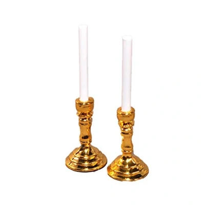 Image of Melody Jane Dolls House Pair of Brass Candlesticks &amp; Candles1:12 Scale Miniature Accessory