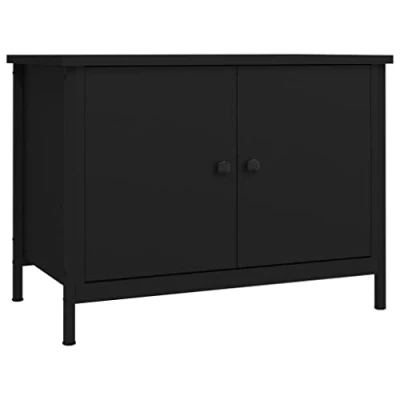 Image of vidaXL Black TV Cabinet Engineered Wood Stand with Doors, Metal Feet, Ample Storage Ideal for Living Room &amp; Bedroom (60x35x45 cm)❱