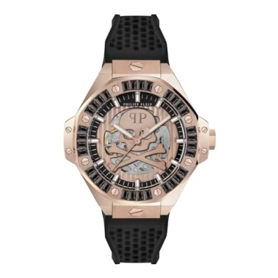 Image of Philipp Plein $KELETON Royal Men&#039;s Watch Analogue Automatic Silicone, Rose Gold/Black/Crystals Pwpfa0324