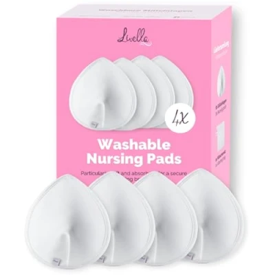 Image of Livella 4 Pack of Washable Nursing Pads Made from Bamboo Fiber Reusable Breast for Milk Flow During Breastfeeding Ultra Absorbent and Super Soft Under Clothes Includes Laundry Bag