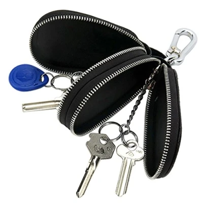 Image of Esdrem Unisex Genuine Leather Key Case Holder Double Zipper Car Keychain Wallet Coin Purse (Black Gourd Shape)