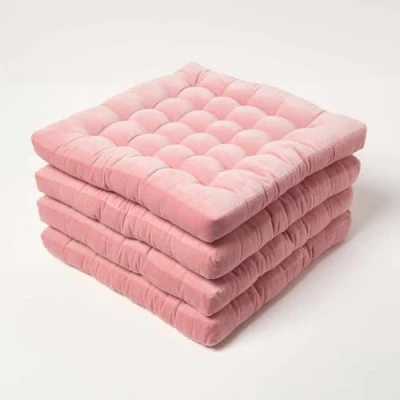 Image of HOMESCAPES Set of 4 Blush Pink Velvet Seat Pads for Dining Chair 40 x cm Super Soft 100% Cotton Quilted with Straps Indoor &amp; Outdoor Garden Use Lasting Comfort Support