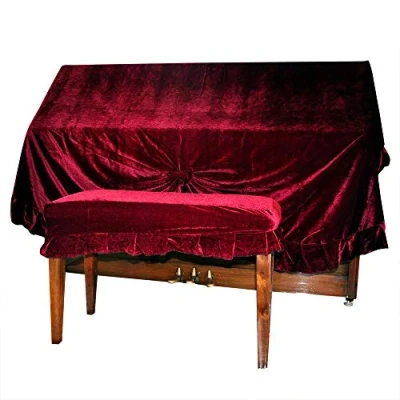 Image of NUZAMAS Velvet Piano Dust Cover and Double Stool Extra Thick Protection Against Scratches (Deep Red)