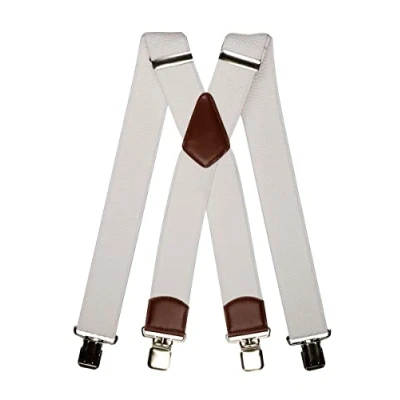 Image of Olata Men&#039;s Extra Wide Heavy Duty X Shape Braces/Suspenders with Brown Leather 5cm. White