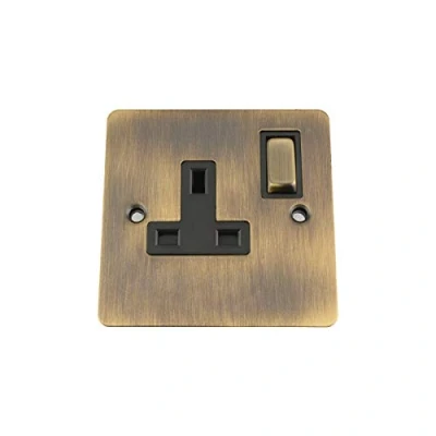 Image of Antique Brass Flat Socket 1 Gang Black Insert Metal Rocker Switch