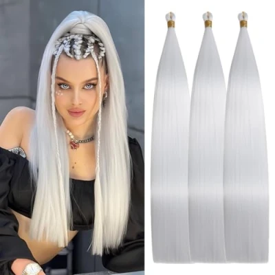 Image of Locescsoc 24 Inch Straight Hair Extensions 150g 3 Packs Bone Braiding Hair, White Ariel Ponytail Bundles, Ombre Soft Synthetic Crochet Box Braids for Women