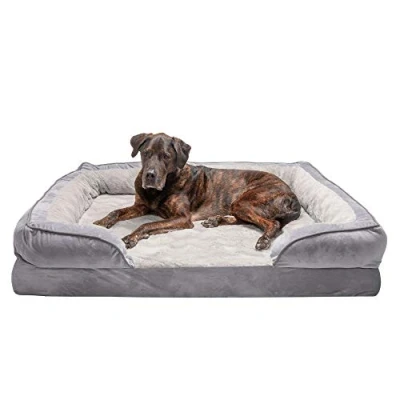 Image of Furhaven XXL Orthopedic Dog Bed Perfect Comfort Plush &amp; Velvet Waves Sofa Style w/Removable Washable Cover Granite Gray, Jumbo Plus (XX Large)