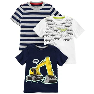 Image of Simple Joys by Carter&#039;s Baby Boys&#039; 3 Pack Short Sleeve Tee Shirts T, Grey Stripes/Navy/White Dinosaur, 4 Years (Pack of 3)