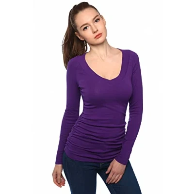 Image of AmélieBoutik Women V Neck Raglan Long Sleeve Ruched Sides Top (Purple X Small 8)
