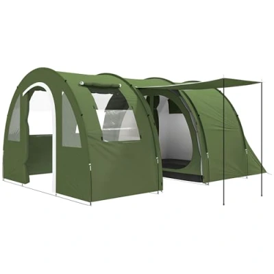 Image of Outsunny 5 6 Man Tunnel Tent, Two Room Camping Tent with Floor, 2 Doors and Carry Bag, 2000mm Water Column for Fishing, Hiking, Sports, Festival, Green