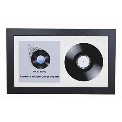 Image of Double Vinyl LP Record and Album Cover Wide Wooden Frame With White Mount (Black, 7&quot; Vinyl)