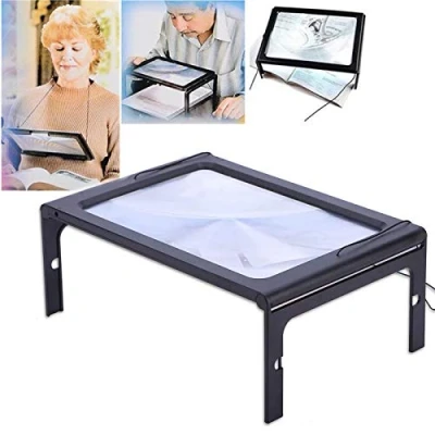 Image of Reading Magnifier with LED Lights 3X Portable Foldable A4 Full Page Desktop Stand Type Magnifying Glass Hands Free Rectangular Loupe for Small Prints Books Newspapers Magazine