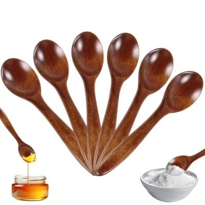 Image of 6 Pcs Natural Wooden Spoon, Honey Coffee Janpanese Style Kitchen Utensil Long Handle Nanmu Wood Soup Spoons Set for Eating Mixing Stirring Cooking with Box 【5.5inch, Brown】