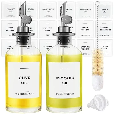 Image of Spaceneat Olive Oil Dispenser Bottle for Kitchen, Coffee Syrup Elegant Bottles Kitchen Glass Cooking Dispenser, Container, Cruet with Pourer Spout Set of 2pcs, Silver