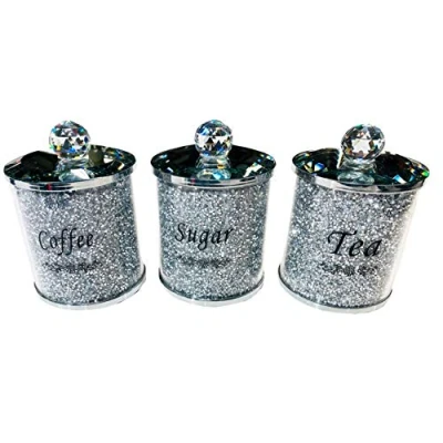 Image of TOV® Diamond Crushed Tea Coffee Sugar CANISTERS Jars Storage Silver Trimmings Crystal Filled (Silver/Silver)