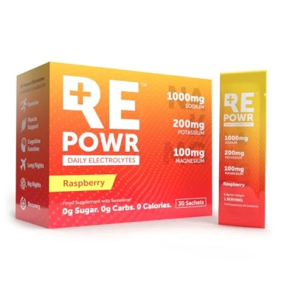 Image of REPOWR Daily Electrolytes Raspberry Flavour Sugar Free Electrolyte Powder Sachets Hydration for Healthy Diets, Fasting and Exercise 30