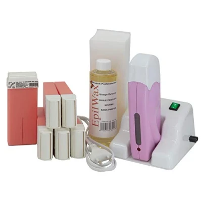 Image of Epilwax Complete Hair Removal Waxing Kit with Modular Base Includes 6 Rose Wax Roll On Cartridges, Heater, 100 Strips and Oil