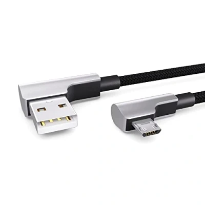 Image of 2m Nylon Micro USB Cable black, 90 degree angle plug, to charging cable, data 2.0