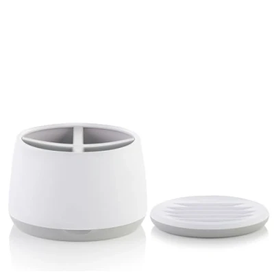 Image of Minky Bathroom Bundle With Storage Caddy and Soap Dish, Electric Toothbrush Holder 4 Compartments, Oval Shaped Dish For Hand Raised Ridges, White &amp; Light Grey, Made in the UK
