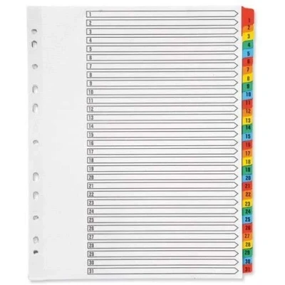 Image of indigo® Dividers, Extra Wide A4+, Index Multipunched Mylar Reinforced Multicolour Tabs White (1 31, Pack of 1)