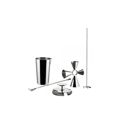 Image of Alessi The Tending Box GIA25SET Cocktail Set with Mixing Glass, Quadri Combo Jigger, Double Bar Strainer, Spoon and Whisk, in 18/10 Stainless Steel