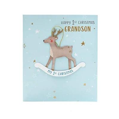Image of UK Greetings Grandson&#039;s First Christmas Card Cute Reindeer for Baby Boy Cards Kids from Grandparents Multi, 615203 0 1