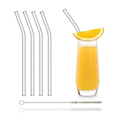 Image of Halm Glass Drinking Straws Reusable Sipping Tube 4 Pieces Curved 20 cm + Plastic Free Cleaning Brush Dishwasher Safe Sustainable Tubes