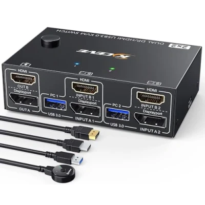 Image of USB 3.0 Dual Monitor KVM Switch HDMI+Displayport 4K@60Hz, 2K@120Hz, MLEEDA 2 Monitors Computers for Computer Share Display and 4 USB3.0 Devices. Wired Remote Cables Included