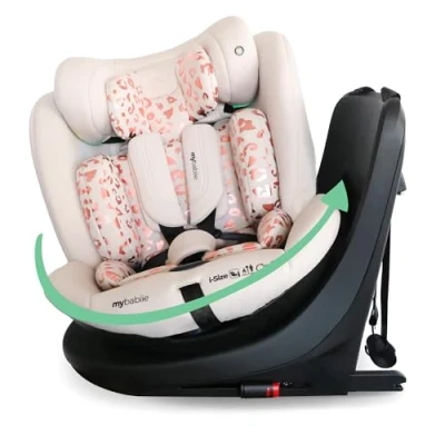 Image of My Babiie MBCS300 Easy 360 Spin R129 Baby Car Seat Top Tether, ISOFIX, Birth to 12yrs (40 150cm), i Size, ERF, Group 0+/1/2/3, Rotating Swivel Pink Leopard