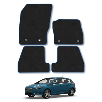Image of Car Mats Compatible with Ford Focus (2015 2018) [Mk3] Tailored Fit Blue Carpet Floor Set Accessory Custom 4 Pieces Anti Slip Backing &amp; Binding Trim Edge