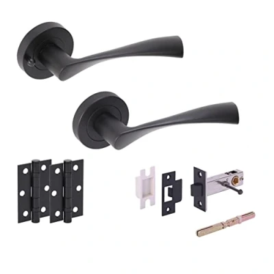 Image of HANDLEZONE® Zena Privacy Door Handle Latch Pack, Complete with Lever On Rose Handles, Latch, Ball Bearing Hinges Black Matt