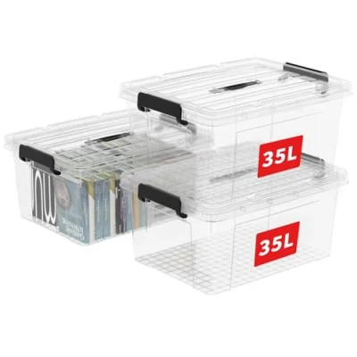 Image of Cetomo 35L*3 Storage Boxes, Carry Plastic Box with Lids, Organizing Container Handle and Secure Latching Buckles, Stackable, Nestable, Tote Bin for Home Office Clothes, 35L 3Pack, Clear