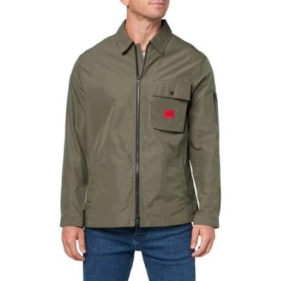 Image of HUGO Men&#039;s Cotton Mix Canvas Zip Up Overshirt, Spinach Green, L