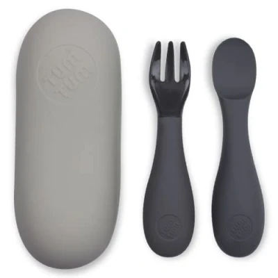 Image of TUM Silicone Baby Cutlery with Travel Case Spoon &amp; Fork Set Designed Feeding Specialist Led Weaning Utensils Dishwasher, Steriliser Friendly BPA Free 6m+, Grey