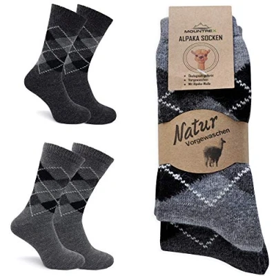 Image of MOUNTREX® Alpaca socks, wool socks for men and women, winter warm house thermal thin, cuddly 2 pairs, Grey/anthracite, chequered, 43 46