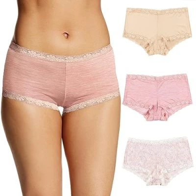 Image of Maidenform Women&#039;s Microfiber Boyshort Panty Pack With Lace, 3 pack, Latte Lift/Pink Heather/Peach Swirl, S