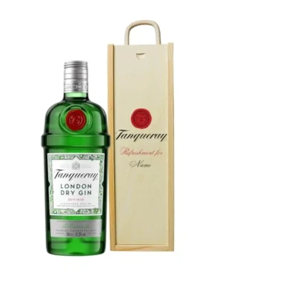 Image of Personalised Tanqueray London Dry Gin Gift Set In Wooden Box 47.3 ABV (70cl)