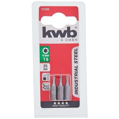 Image of kwb 3 x 25mm TORX 9 Industrial Steel Bits for Reliable Fastening, TQ60 Steel, C 6.3 Drive