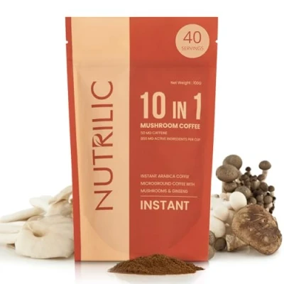 Image of NUTRILIC 10 Mushroom Coffee (40 Servings) Instant Arabica with Micro Ground blend Lions Mane, Chaga, Cordyceps, Reishi, Maitake, Shiitake, Black Fungus, Tremella, Ginseng Extract