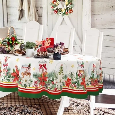 Image of Oval Christmas Tablecloth 60 x 102In,Christmas Poinsettia Snowflake Holiday Decoration Tablecloth,Polyester Waterproof Wrinkle Resistant Durable for Kitchen,Winter and Home Decor