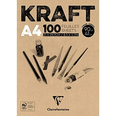 Image of Clairefontaine Ref 96545C Kraft Glued Pad (100 Sheets) A4 (297 x 210mm) Size, 90gsm Paper, Acid Free, pH Neutral Suitable for Painting &amp; Drawing Brown