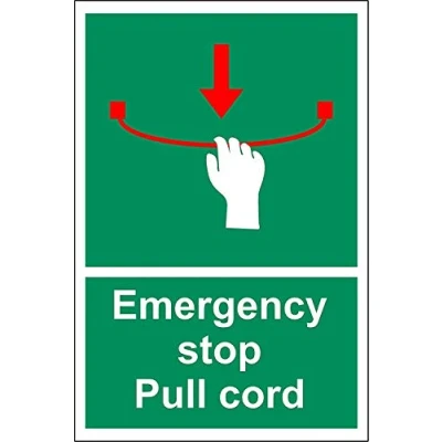 Image of Emergency stop Pull cord safety sign Self adhesive sticker 200mm x 150mm