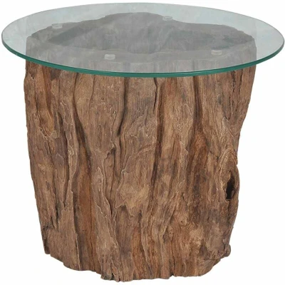 Image of vidaXL Coffee Table with Solid Teak Base and Tempered Glass Top, Round Modern Furniture for Living Room, Easy Assembly, Stable Durable